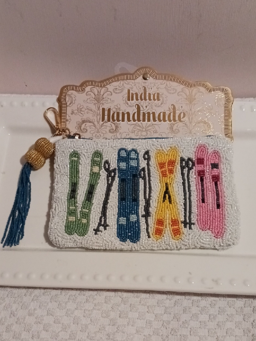 Gorgeous Handmade Beaded Ski Pattern Coin Purse - White with Multi-Colored Skis